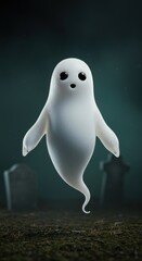 Cute White Ghost Floating in a Graveyard