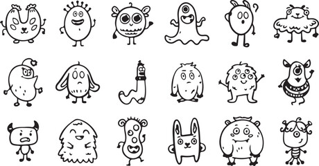 Monster Cartoon Outline Vector – Cute Hand Drawn Characters, Fun Doodle Creatures, Minimal Black and White Illustration, Isolated Funny Clipart, Children’s Drawing Style Icons