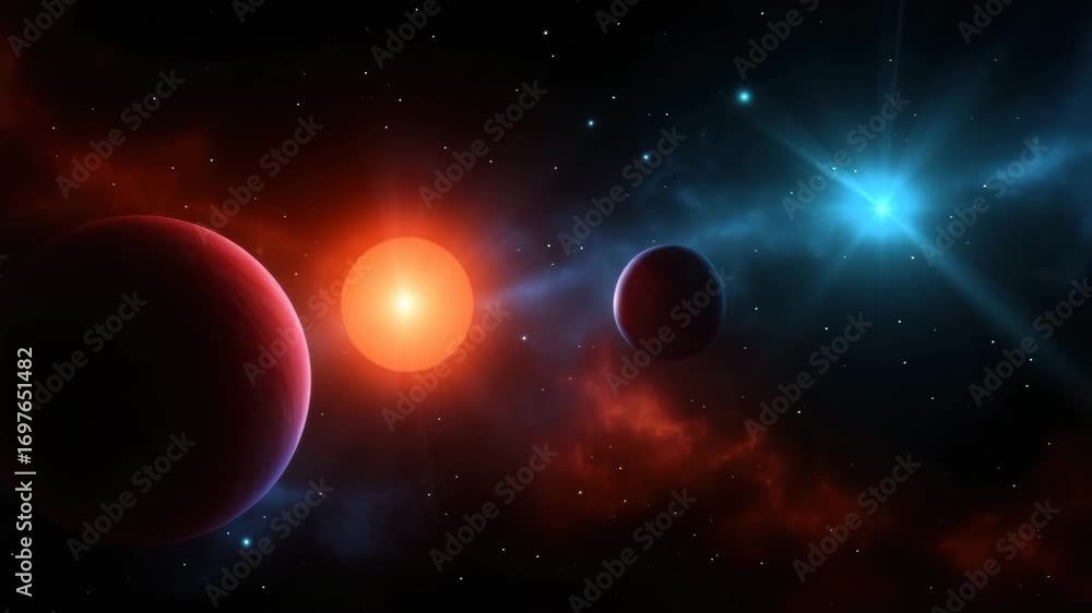 Wall mural red and blue planets orbit bright stars in deep space with colorful nebula clouds and distant stars 