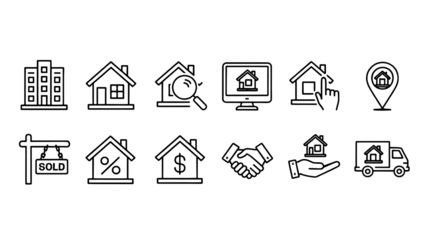 Real estate process icons showing property search, house sale, moving truck and property investment