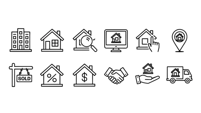 Real estate process icons showing property search, house sale, moving truck and property investment