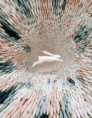 White rabbit leaps through a tunnel of textured, pastel-colored ovals