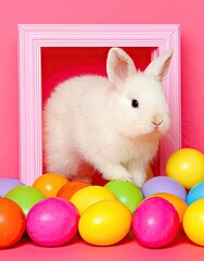 White rabbit in pink frame surrounded by colorful Easter eggs on a pink background