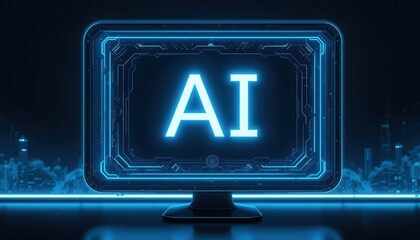 Futuristic artificial ligence concept with glowing AI text on a digital screen surrounded by neural network graphics and technological elements