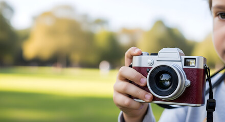 A young child's hand holds a vintage red and silver camera in a sunny, green park.