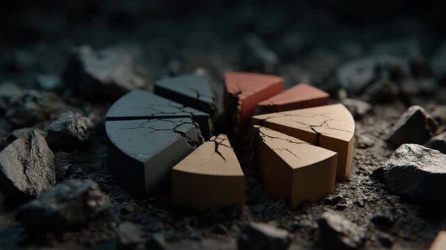 Cracked pie chart with broken segments on rough soil surface featuring dark moody lighting and dramatic intense atmosphere symbolizing division and fragmentation in textured setting