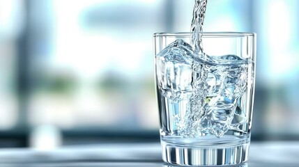 A crystal-clear glass filled with ice cubes being poured with water, creating a refreshing and cool visual effect.