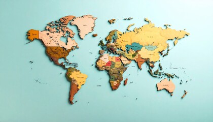 Detailed World Map with Artistic Wooden Texture on a Blue Background