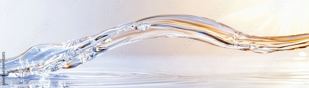 Poster a graceful arc of clear water flows above a tranquil surface, capturing light and creating ripples i