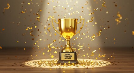 Golden trophy celebrating Best Teacher Award with confetti, perfect for honoring educators and recognizing achievements, ideal for school events