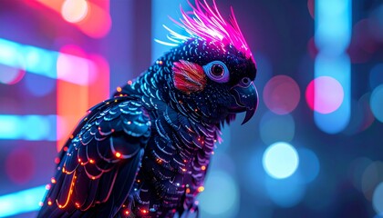 A tiny black, silver, and neon cockatiel, futuristic and glowing, looking happy