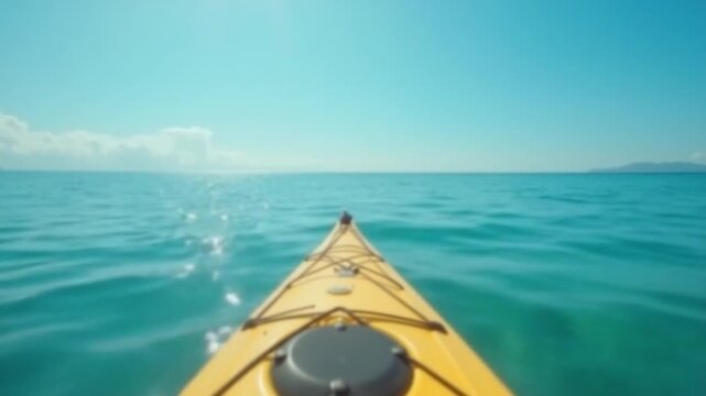 Sea water surface. Low angle view from kayak, camera flies over clear calm sea water. Nobody. Holiday recreation concept. Abstract nautical summer ocean nature. Slow motion. Close up. Vertical video