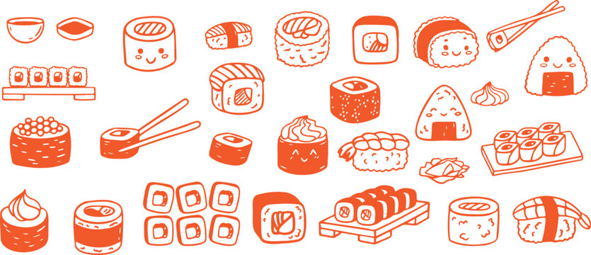 Sushi Icons, Japanese Food, Sushi Sketches, Culinary Art, Japanese Cuisine, Seafood Art, Sushi Drawing, Food Icons, Japanese Art, Sushi Graphics, Culinary Sketches, Asian Cuisine, Food Art, Sea Delica