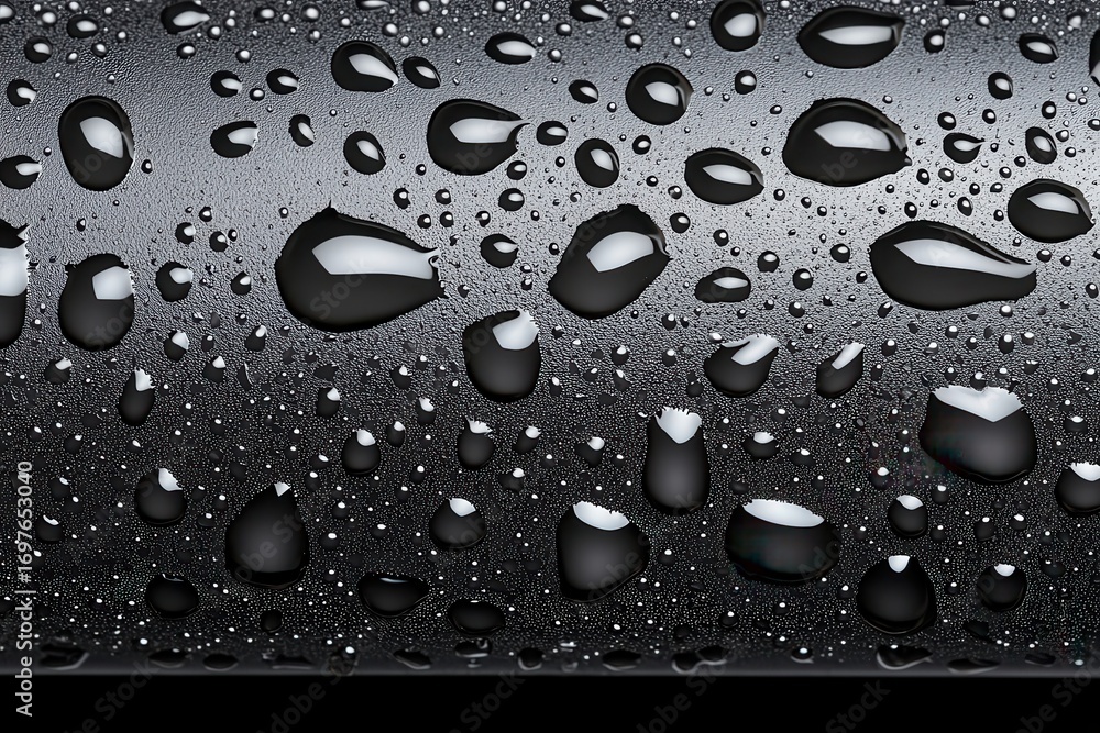 Aufkleber close-up view of water droplets on a dark surface, showcasing reflections and textures, creating a v