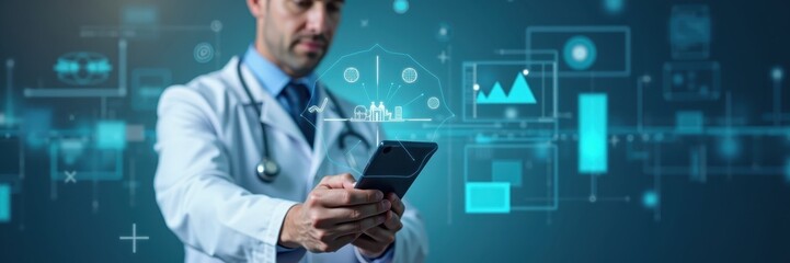 A medical professional uses a tablet, interacting with overlaid digital data visualizations, showcasing modern healthcare technology.