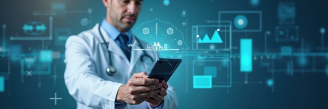 A medical professional uses a tablet, interacting with overlaid digital data visualizations, showcasing modern healthcare technology. - Powered by Adobe