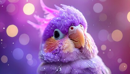 A tiny galaxy-inspired cockatiel with purple and starry feathers, magical and happy