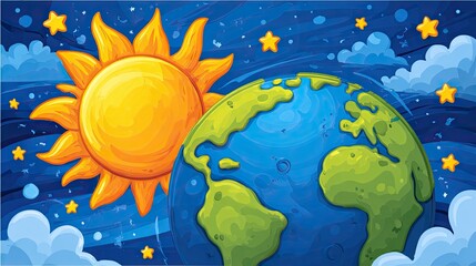 Cartoon sun and Earth in space