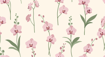 Elegant Seamless Pattern Of Stylized Pink Orchids On Neutral Background