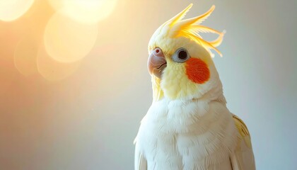 A tiny golden and white cockatiel, elegant and shiny, smiling gently, soft light back 