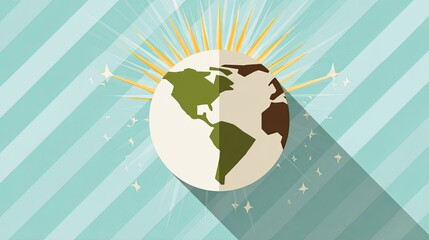 Earth globe, light burst, teal background