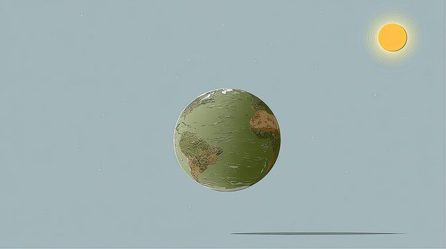 Earth globe, light-green, light-gray backdrop, pale yellow sun