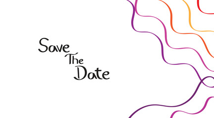 Save the date invitation design with colorful wavy lines on a white background for special occasions