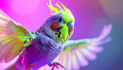 A tiny neon green and purple cockatiel, funky and energetic, jumping with joy, abstra 