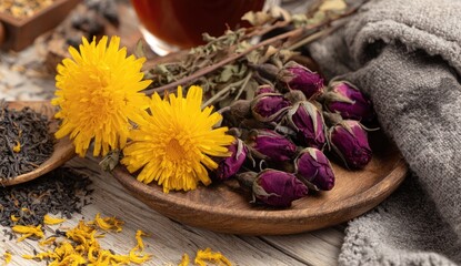 Dried flowers, tea, and wooden dish on a light-colored wooden surface