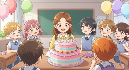 Joyful teacher celebrating a special day with students around a colorful birthday cake in a bright classroom setting with balloons and a chalkboard