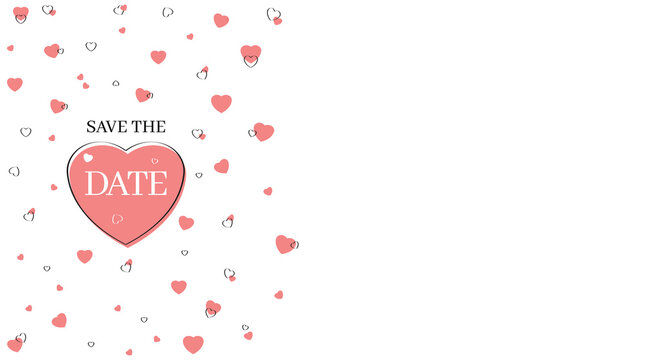 A save the date announcement with pink hearts scattered on a white background for celebration event