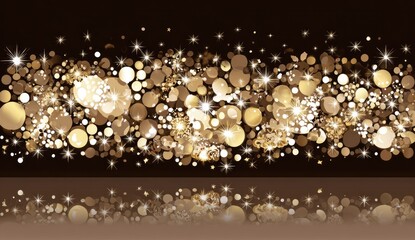 Gold glitter circles and stars on a dark background with a reflection