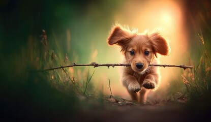 Playful puppy running through sunlit woods, carrying stick