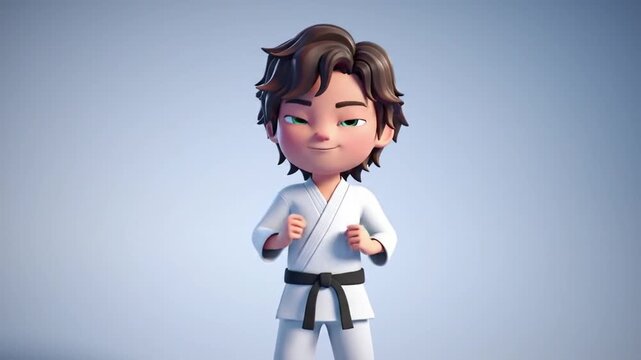 Cartoon figure in karate uniform pointing forward on blue background