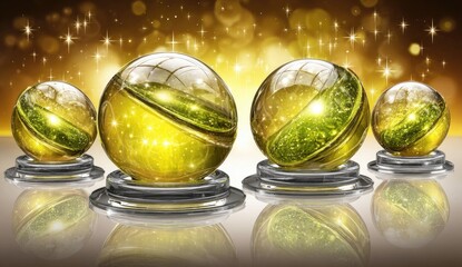 Four transparent golden spheres, each with a green, glowing inner object, sit on reflective pedestals against a background of golden stars