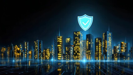 Futuristic cityscape glowing skyscraper digital shield symbolizing cybersecurity protection technology smart city nighttime skyline data network virtual interface urban landscape modern buildings - Powered by Adobe