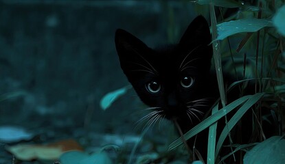 Black kitten peering from foliage in teal-toned twilight