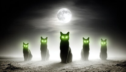 Silhouette cats, glowing eyes, misty night