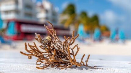 Dried seaweed cluster on white sand beach, blurry buildings and umbrellas in background