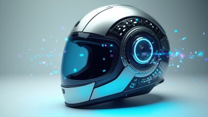 A futuristic motorcycle helmet, highlighted by blue light, showcases advanced technology and design elements.