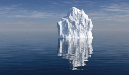 Solitary iceberg, perfectly reflected in calm water, against a light-blue sky