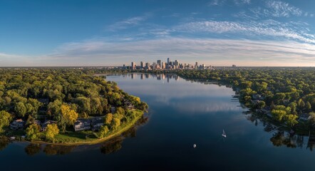 Skyline Minneapolis. Aerial View of Lake Harriet with Urban Skyline and Nature Surroundings