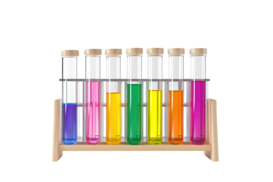 Colorful Chemical Test Tubes in Laboratory Rack
