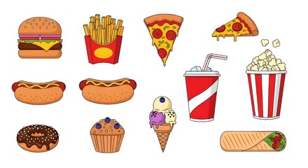 A set of popular fast food items arranged neatly on a white background. Includes a cheeseburger, french fries, pizza slice, hot dog, soda cup, popcorn bucket, donut, muffin, ice cream cone, and shawar