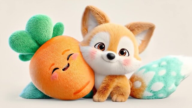 Cartoon fox and carrot embrace smiling with easter egg and soft lighting