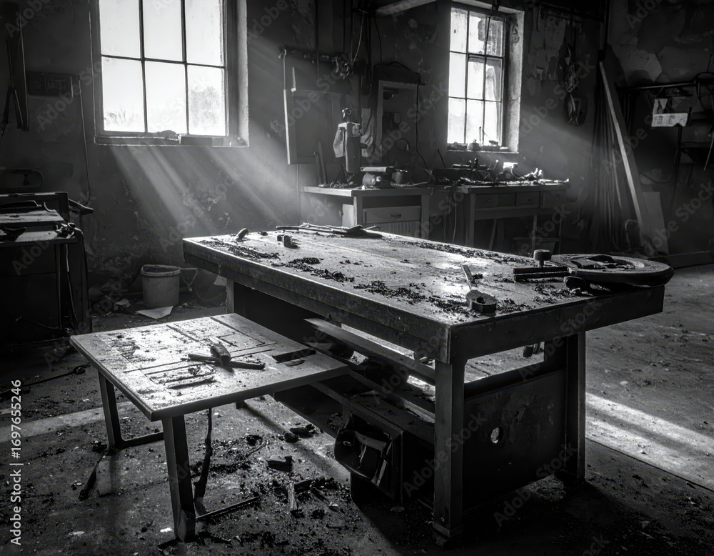 Poster empty workshop with light rays streaming through dusty windows