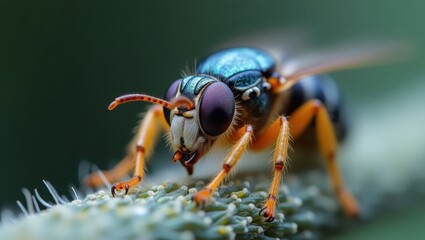 A close-up view of a vibrant, colorful insect with iridescent teal and orange hues, detailed and captivating.