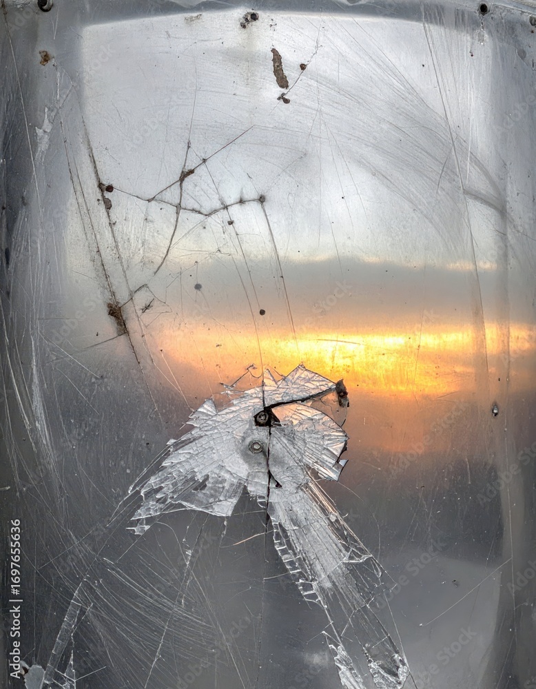 Poster scratched metal surface with sunset reflection and distorted view