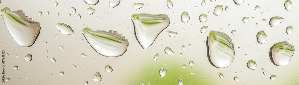 Poster a close-up view of transparent water droplets on a surface, reflecting white petals and soft greener