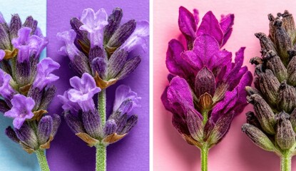 Close-up of fresh and faded lavender sprigs against vibrant backgrounds